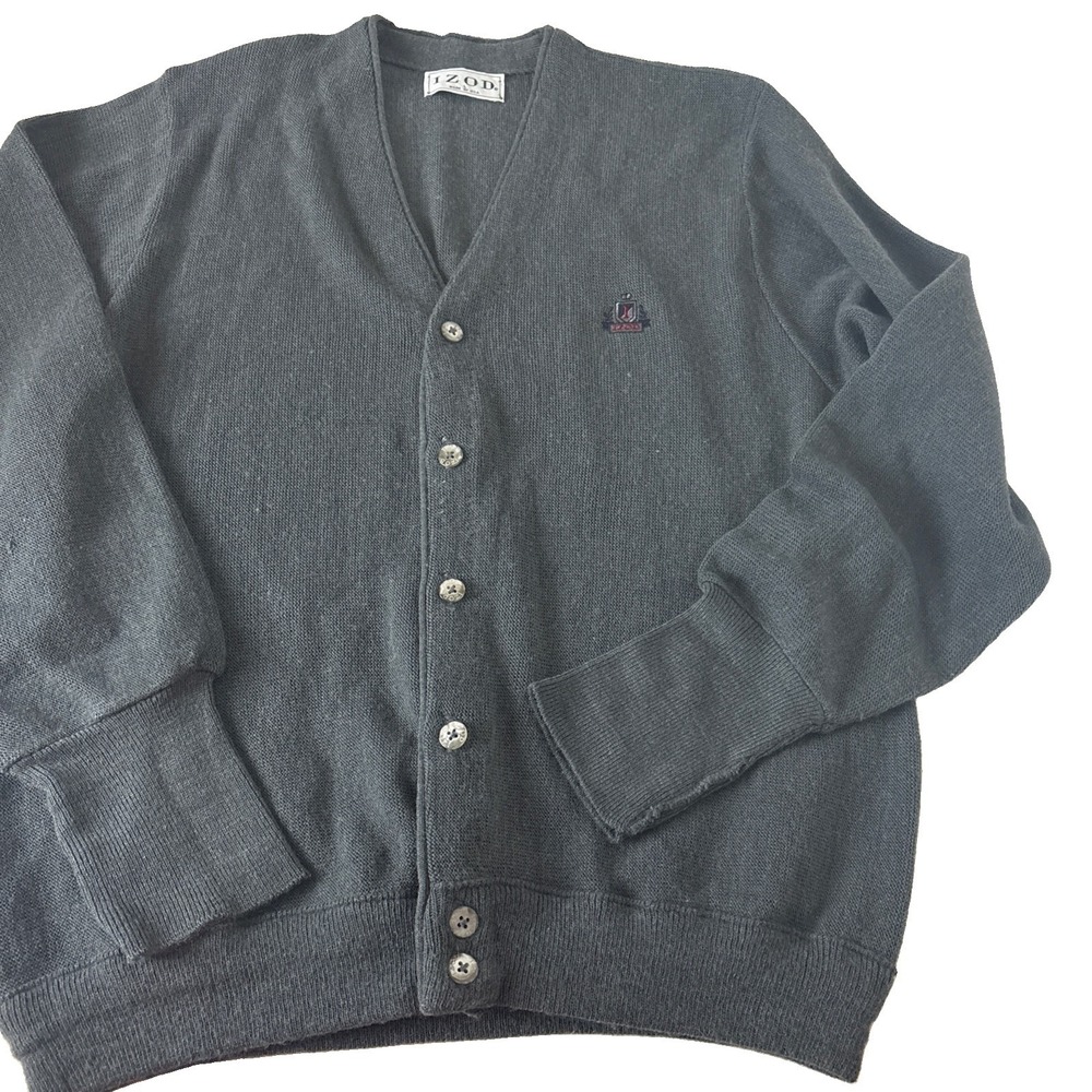 Vintage Izod Cardigan Sweater Adult Size L Made In USA Gray Grandpa 80s acrylic